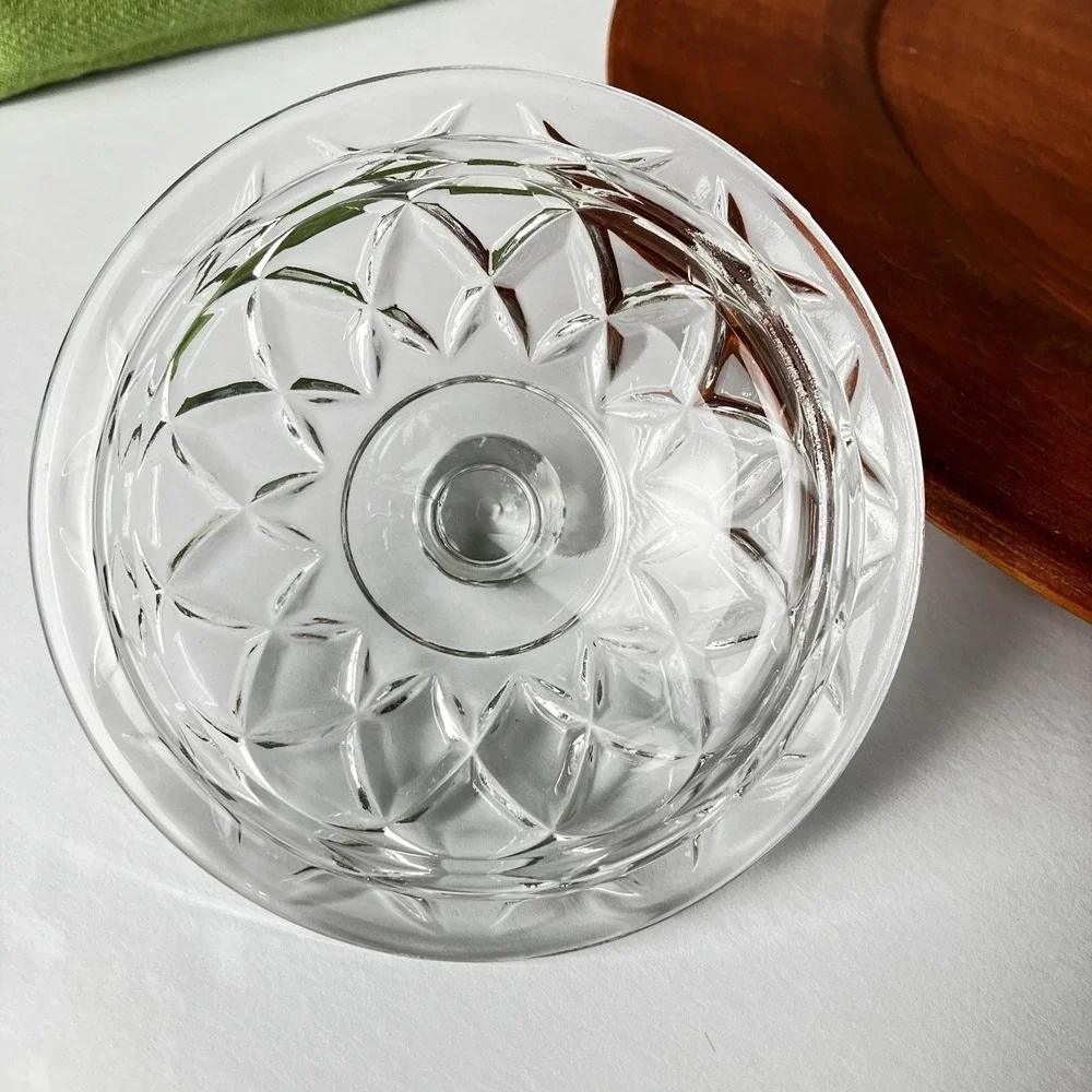 Vintage HJG Pressed Glass Candy Jar Lid Diamond Cut Rose Base Art Deco MCM